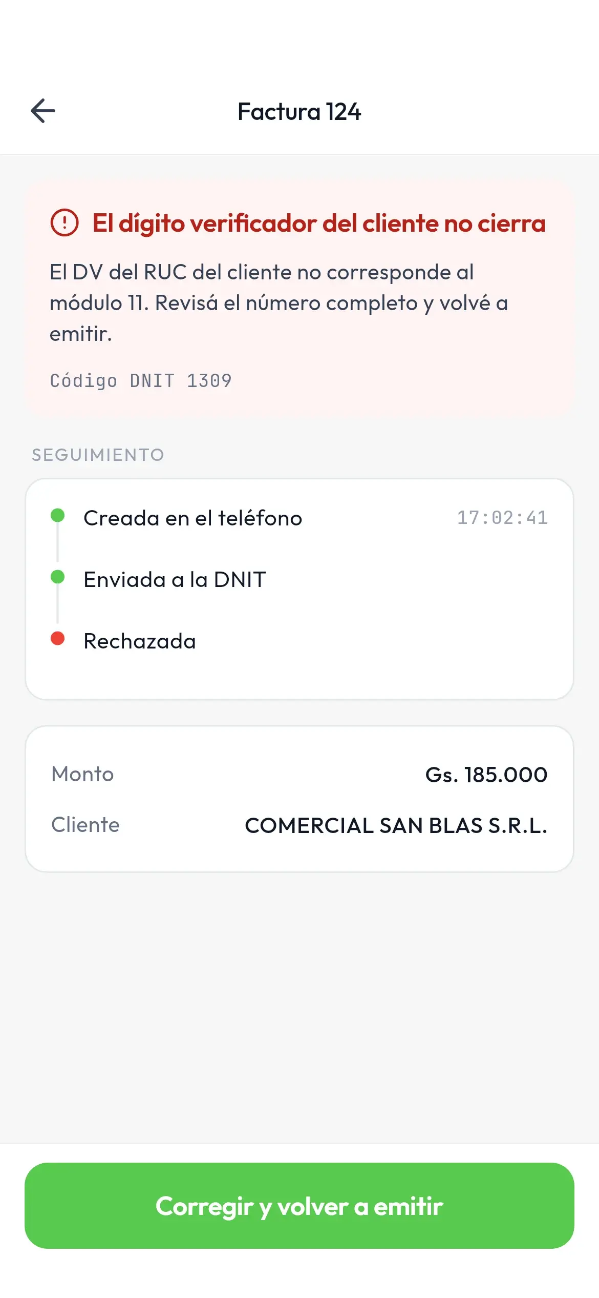 App móvil de Sifende: factura rechazada con el motivo explicado y el botón para corregir y volver a emitir