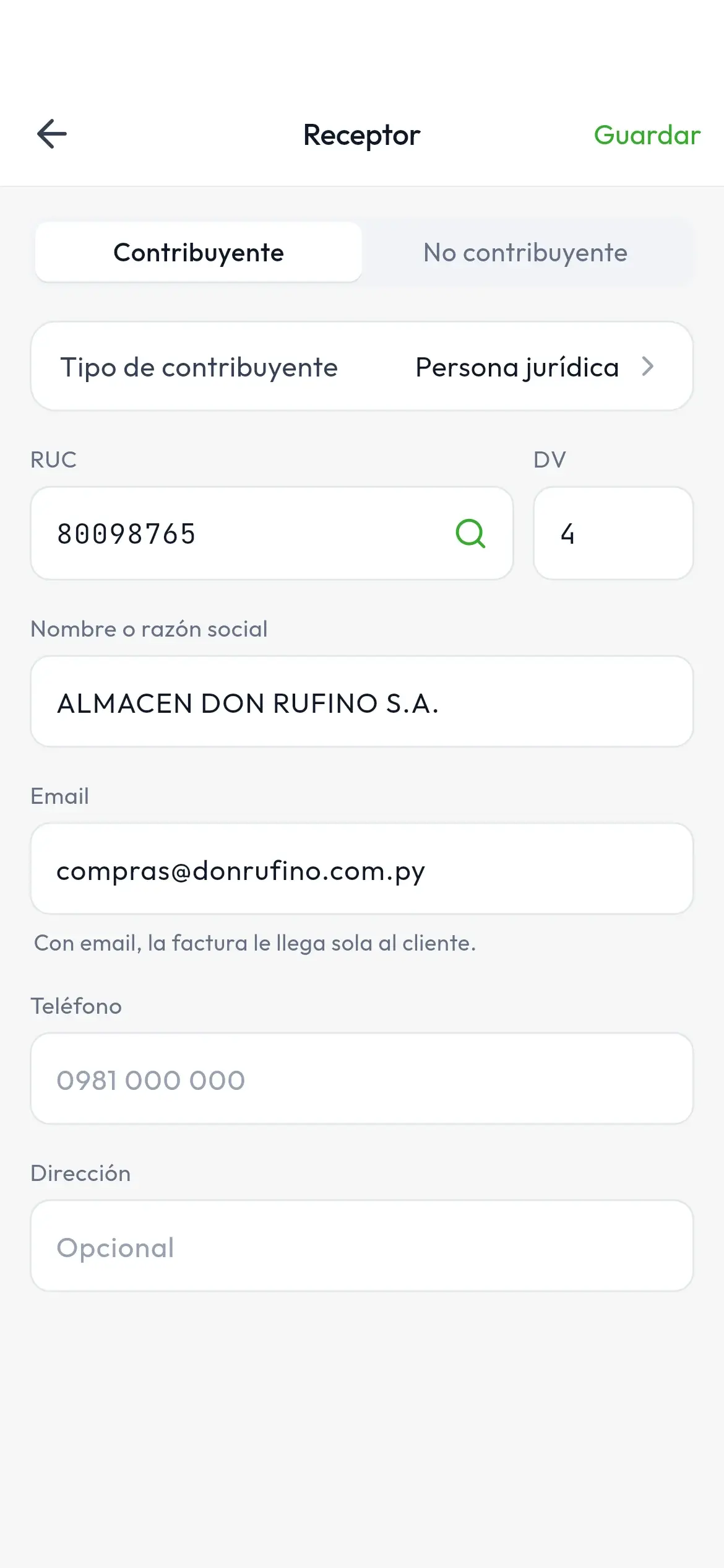 App móvil de Sifende: receptor cargado por RUC, con la razón social y el DV que trajo la DNIT